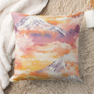 Cojín Decorativo Picos de nieve naranja Puesta de sol acuarela Arte
