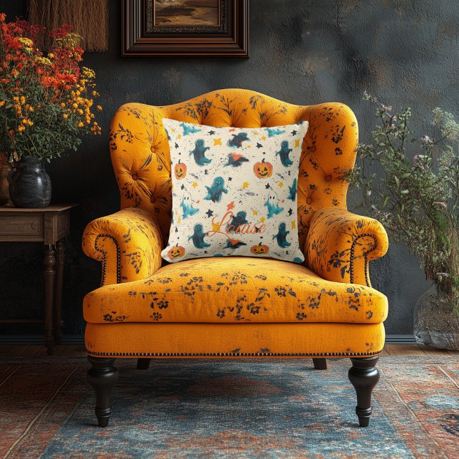 Cojín Decorativo Pilar artístico de Halloween con fantasmas y calab (Subido por el creador)