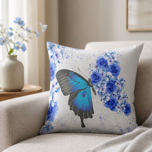 Cojín Decorativo Pilar cuadrado de mariposa floral azul