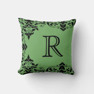 Cojín Decorativo Pilar Damasco Verde y Negro Monograma