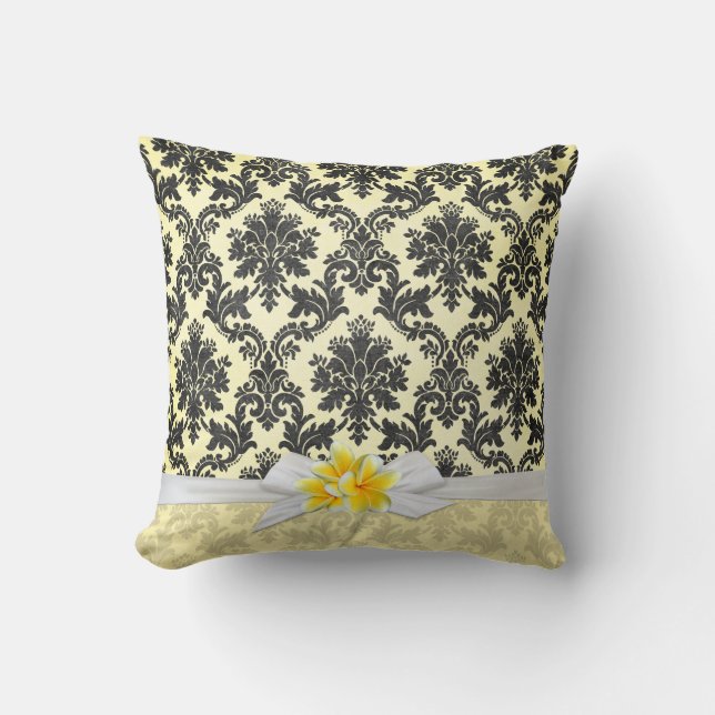 Cojín Decorativo Pilar de Damask de Plumeria Amarilla Exótica (Anverso)