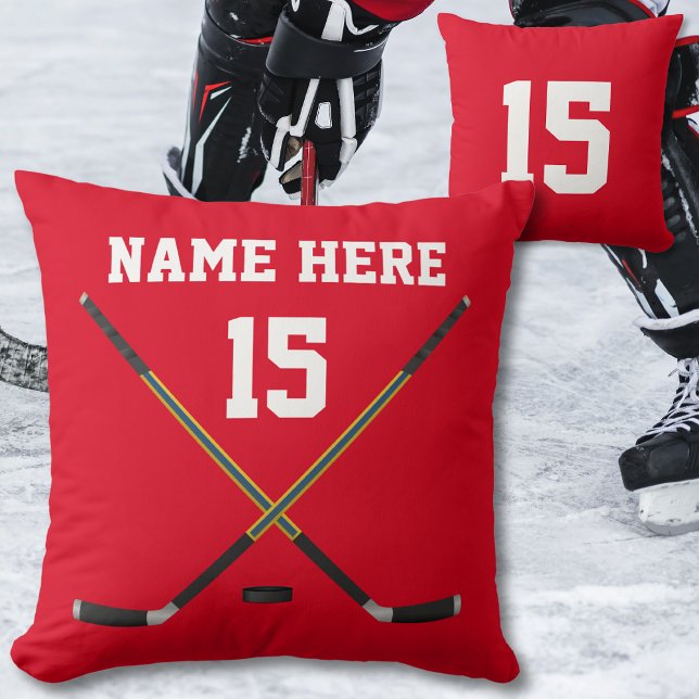 Cojín Decorativo Pilar de hockey personalizado, nombre, número, COL (Red and White, Hockey Throw Pillow. Hockey Sticks. Hockey team gifts. Senior night Hockey ideas. )
