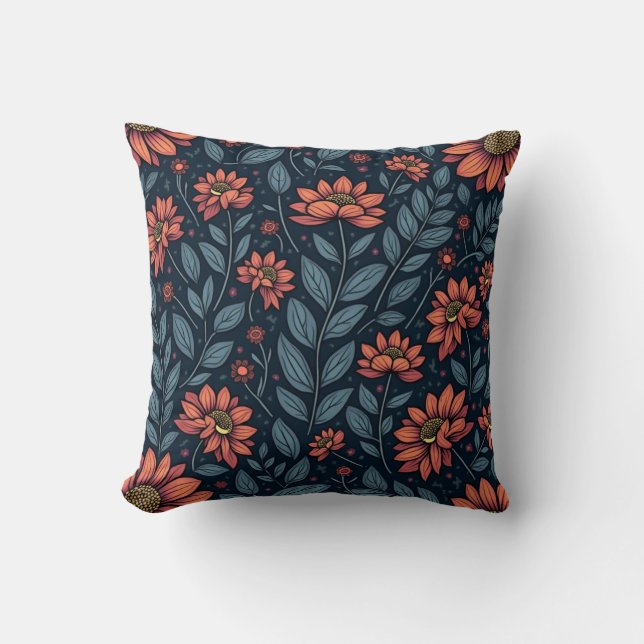 Cojín Decorativo "Pilar del patrón floral azul y Naranja" (Anverso)