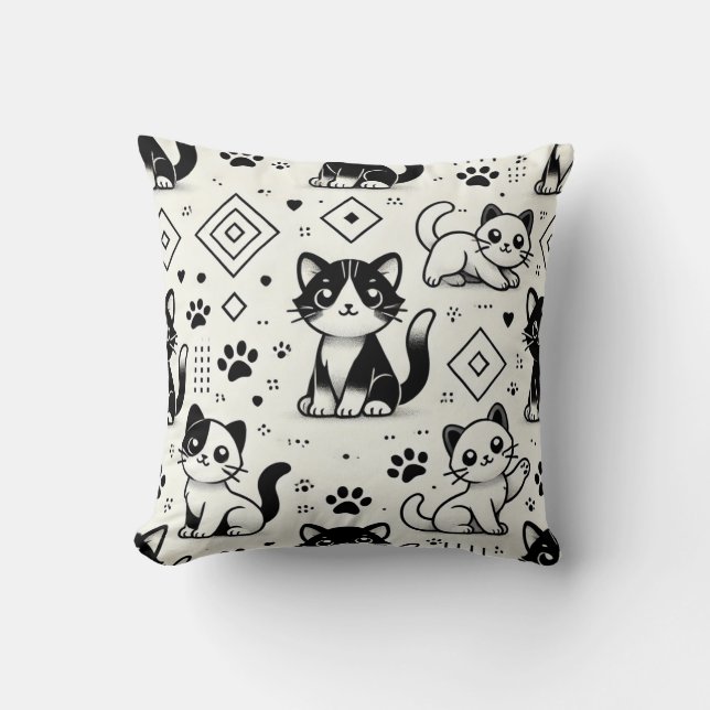 Cojín Decorativo Pilar del patrón gato negro y blanco (Anverso)