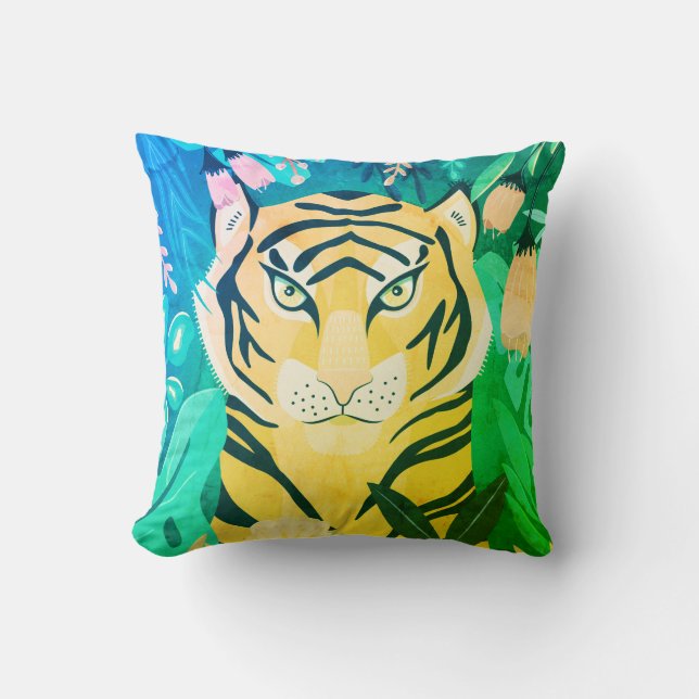 Cojín Decorativo Pilar del tigre amarillo floral (Anverso)