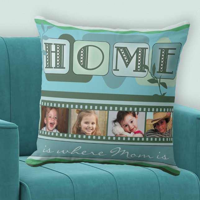 Cojín Decorativo Pilar fotográfico verde Leafy personalizado (A modern teal green pillow with a "Home is ..." theme with your own photos - Mother's Day - birthday)