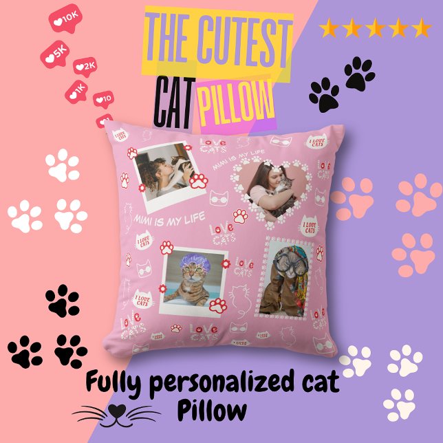 Cojín Decorativo Pilar gato personalizado con fotos de cara y nombr (Fully Personalized Cat Throw Pillow, Custom Your Cat Pillow, Add Cat Photo, Cat Name )