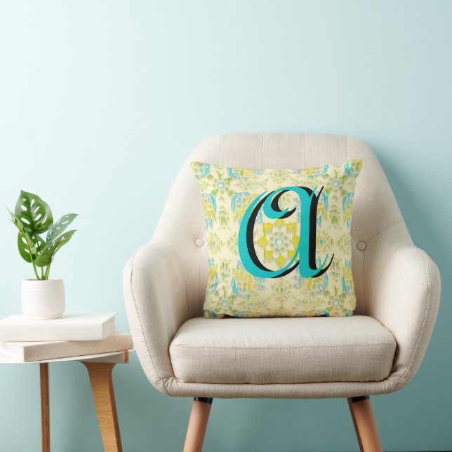Cojín Decorativo Pilar monograma de Kat floral amarillo Aqua amaril (Silla)