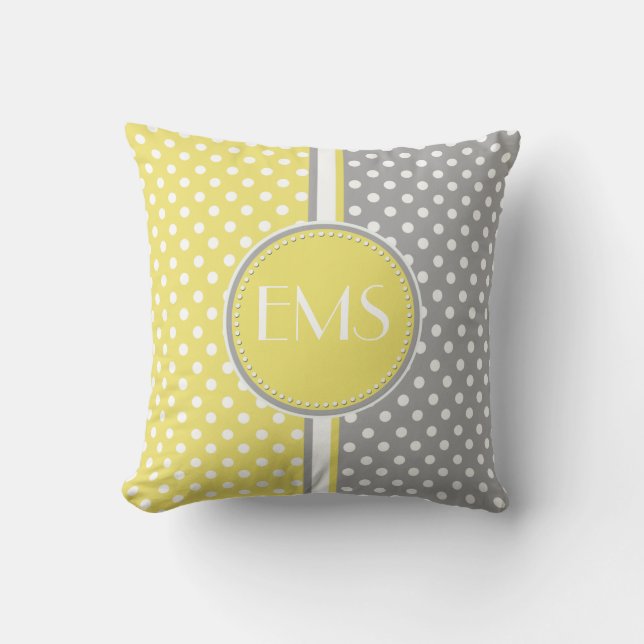 Cojín Decorativo Pilar monograma de polka amarillo y gris (Anverso)