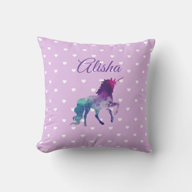 Cojín Decorativo Pilar morado personalizado de unicornio para niña (Anverso)