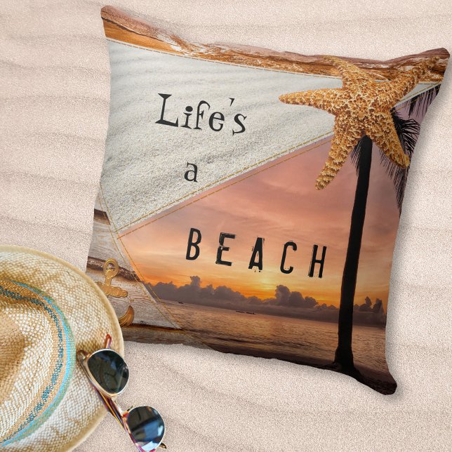 Cojín Decorativo Pilar Sunset Nautical Beach Scrapbook (Scrapbook style pillow featuring different beach scenes with sand, sunset, starfish and surf)