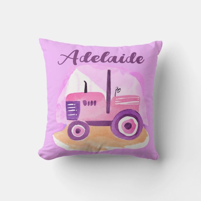 Cojín Decorativo Pilar Tractor Rosa y Púrpura Personalizado (Anverso)