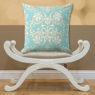 Cojín Decorativo Pilar Verde azulado de Damasco de Oro Blanco Aqua