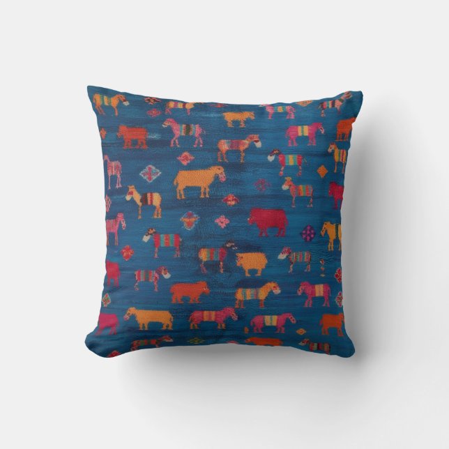 Cojín Decorativo Pilares de la alfombra azul kilim: animales (Anverso)