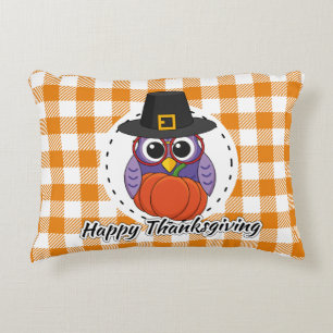 Cojín Decorativo Pilgrim Owl on Orange Plaid - Happy Thanksgiving