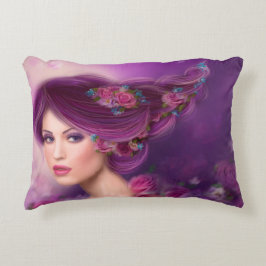 Cojín Decorativo Pillow 16" x 12"Mujer fantasía con flores moradas