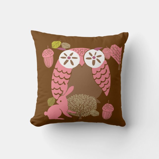 Cojín Decorativo Pillow de búho rosa y marrón (Anverso)