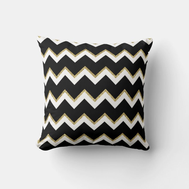 Cojín Decorativo Pillow de cheurón negro, blanco y dorado (Anverso)