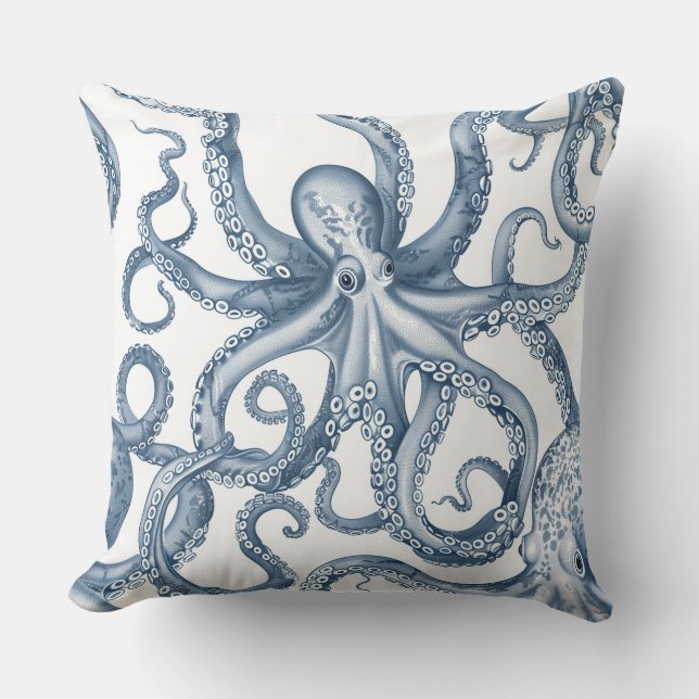 Cojín Decorativo Pillow de diseño de pulpo azul y blanco. (Anverso)