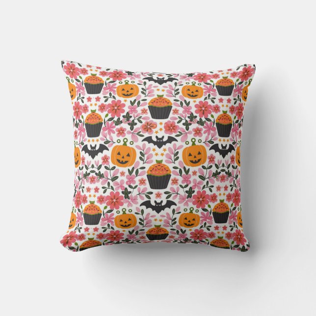Cojín Decorativo Pillow de Halloween festivo | Florales, calabaza y (Anverso)