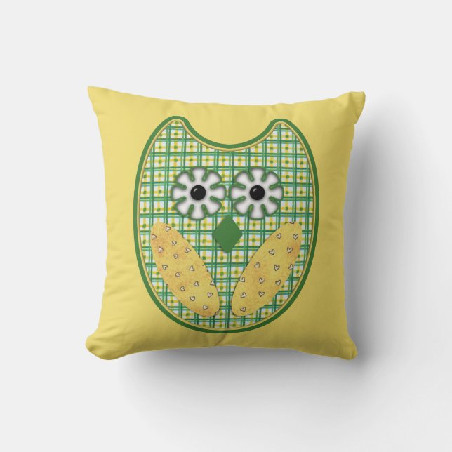Cojín Decorativo Pillow De Lechuza Verde Y Amarilla (Anverso)