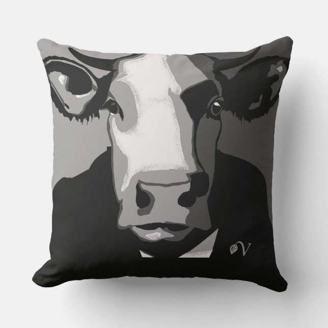Cojín Decorativo Pillow de vaca de arte pop negro y blanco (Anverso)