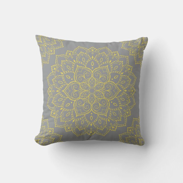 Cojín Decorativo Pillow del Boho amarillo y gris Mandala (Anverso)