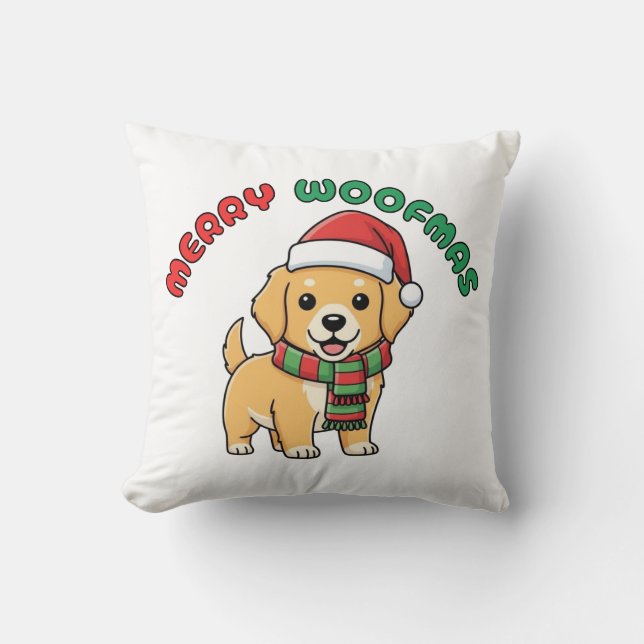 Cojín Decorativo Pillow del navidad Golden Retriever: Merry Woofmas (Anverso)