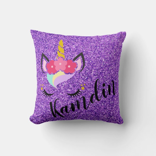 Cojín Decorativo Pillow del Purpurina púrpura de Unicornio personal (Anverso)