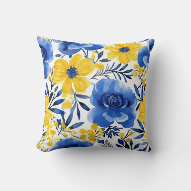 Cojín Decorativo Pillow floral azul y amarillo (Anverso)