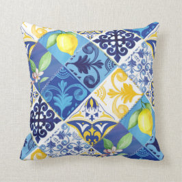Cojín Decorativo Pillow floral de limón amarillo y azul. siciliano