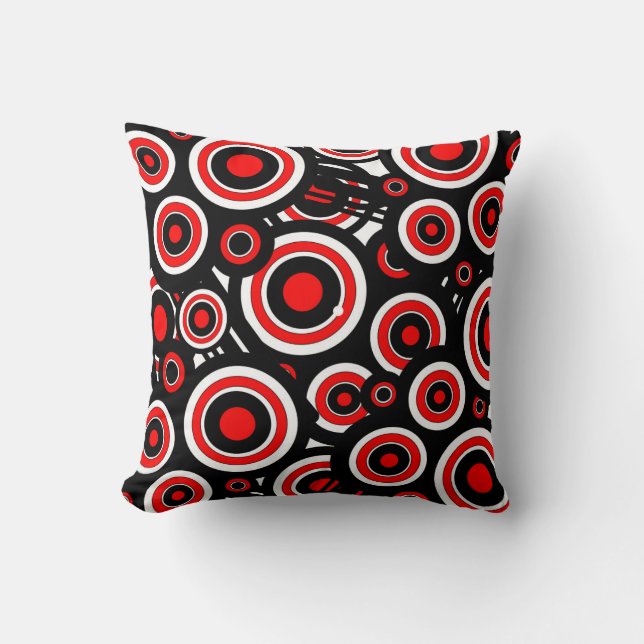 Cojín Decorativo Pillow moderno negro, blanco y rojo con círculos (Anverso)