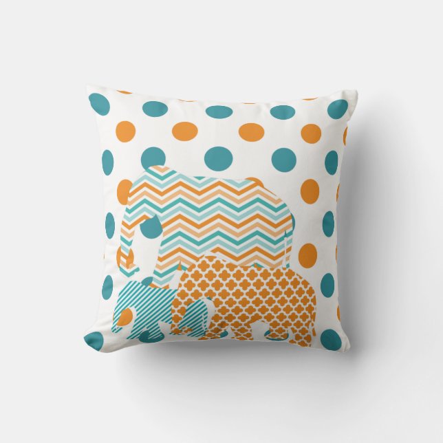 Cojín Decorativo Pillow naranja, azul y elefante blanco (Anverso)