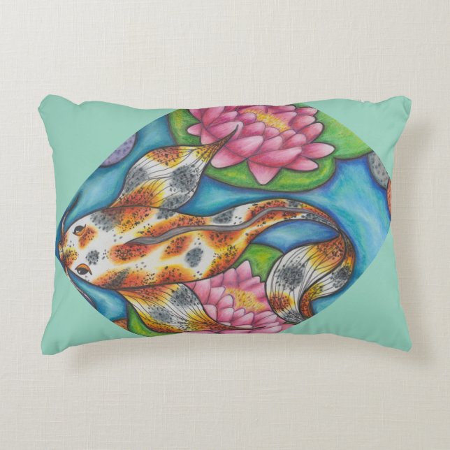 Cojín Decorativo Pillow Verde azulado ligero con pescado Koi y Lotu (Anverso)