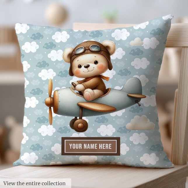 Cojín Decorativo Piloto piloto de ositos de peluche personalizado p (Personalized Teddy Bear Pilot Baby Pillow for Boys Gift)