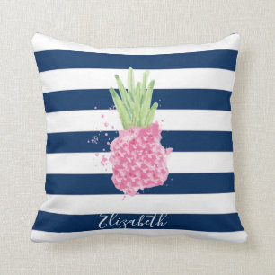Cojín Decorativo Piña Acuarela Tropical ,Rayas Azul Marino 