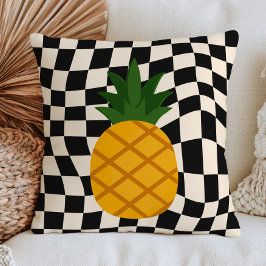 Cojín Decorativo Piña Amarilla sobre Patrón de Cuadros en Blanco y 