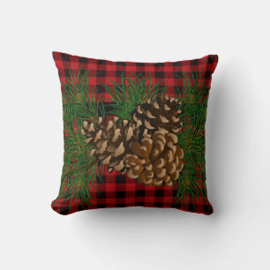 Cojín Decorativo Piña de pino de cuadros rojos y negros campestres