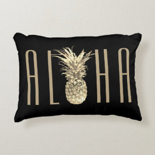 Cojín Decorativo Piña tropical Aloha Típografía de oro Negro