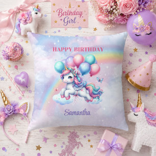 Cojín Decorativo Piñata de cumpleaños de niña unicornio rosa púrpur