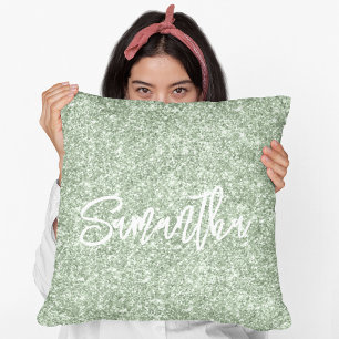 Cojín Decorativo Pincel de purpurina verde salvia Script