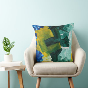 Cojín Decorativo Pinceladas abstractas azules, verdes y amarillas