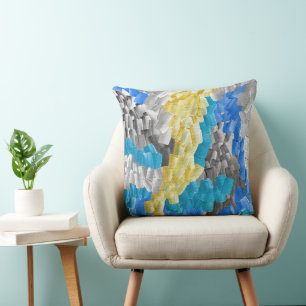 Cojín Decorativo Pinceladas abstractas en amarillo, azul y gris