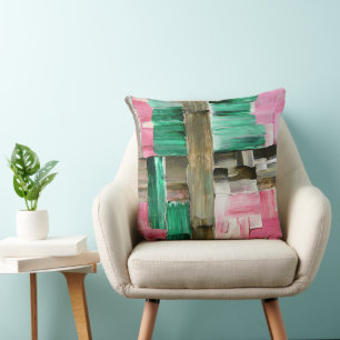 Cojín Decorativo Pinceladas abstractas en verde, rosa y marrón