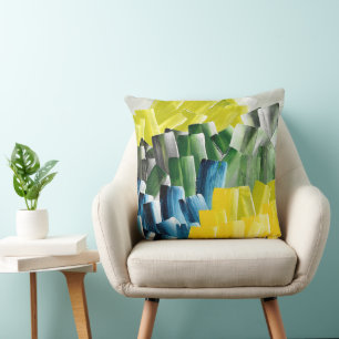Cojín Decorativo Pinceladas abstractas vibrantes Amarillo, Verde y