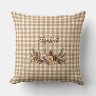 Cojín Decorativo Pine Rústico Cones Brown Gingham Personalizado