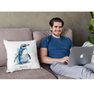 Cojín Decorativo Pingüino acuarela ártico azul, personalizado