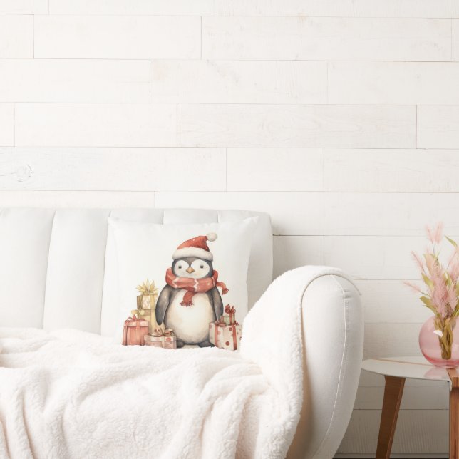 Cojín Decorativo Pingüino acuarela con regalos de vacaciones (Sofá)