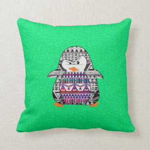 Cojín Decorativo Pingüino azteca lindo divertido en fondo verde