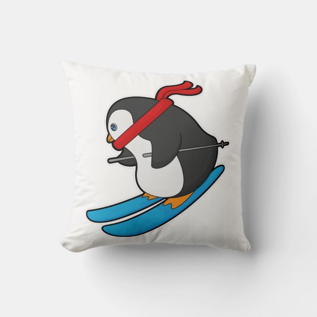 Cojín Decorativo Pingüino como esquiador con esquí (Anverso)